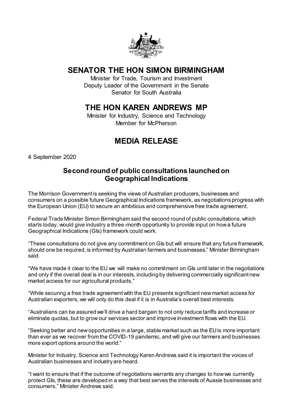 Senator the Hon Simon Birmingham the Hon Karen