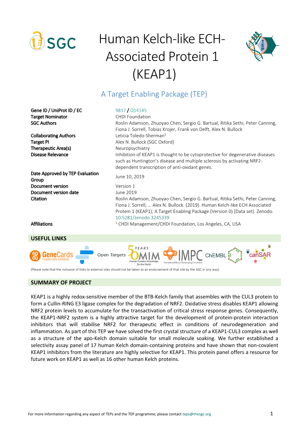 Human Kelch-Like ECH- Associated Protein 1 (KEAP1) a Target Enabling Package (TEP)