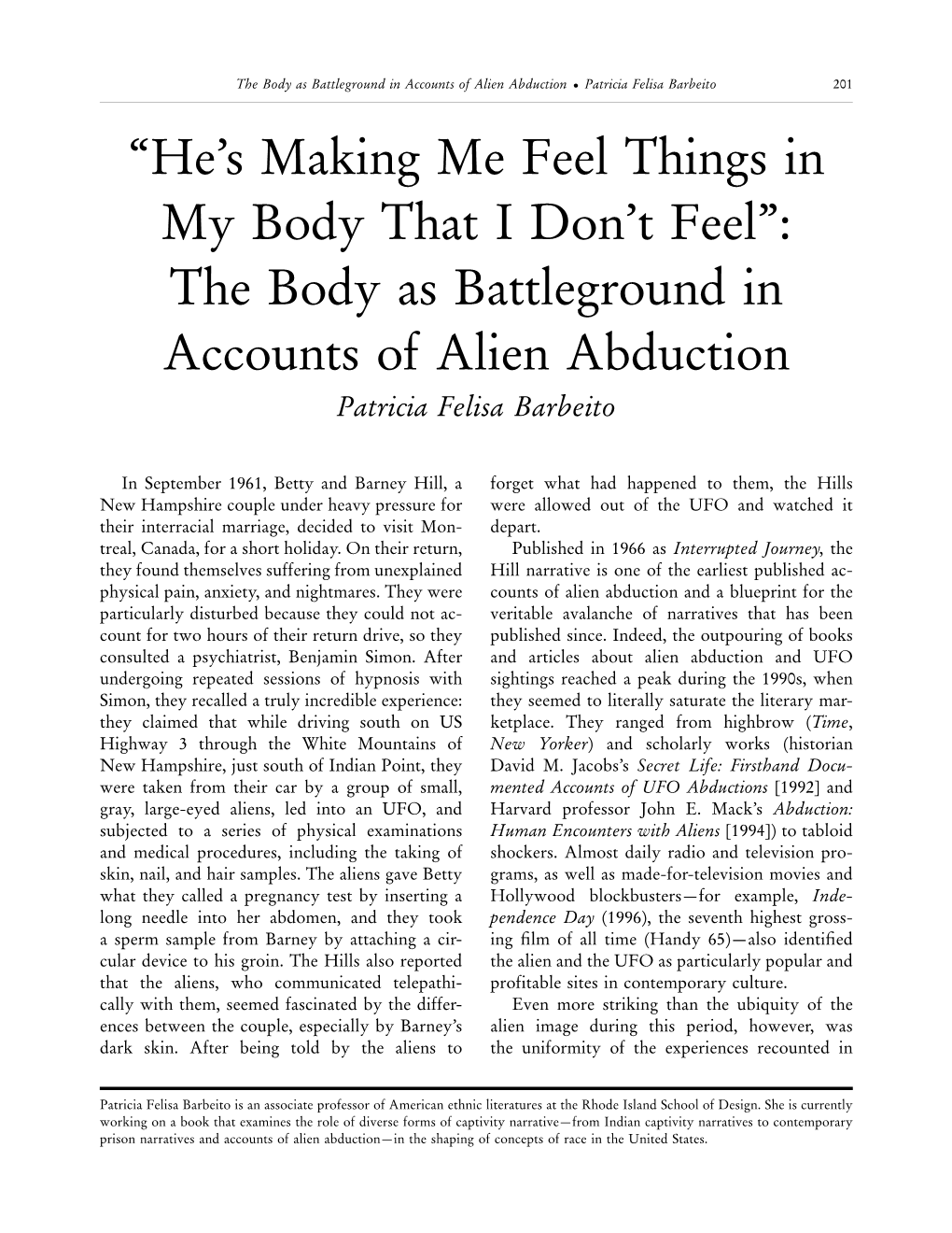 The Body As Battleground in Accounts of Alien Abduction