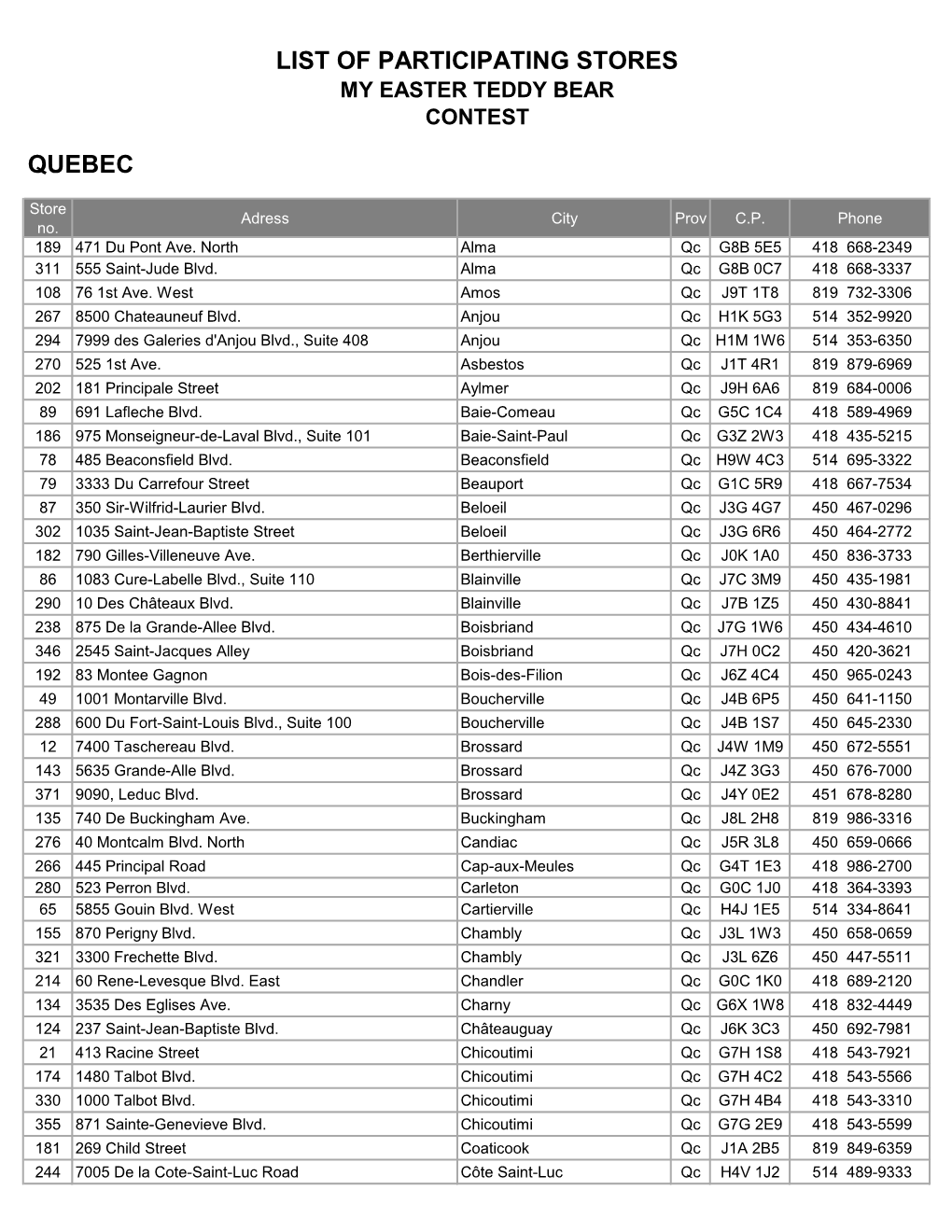 Quebec List of Participating Stores