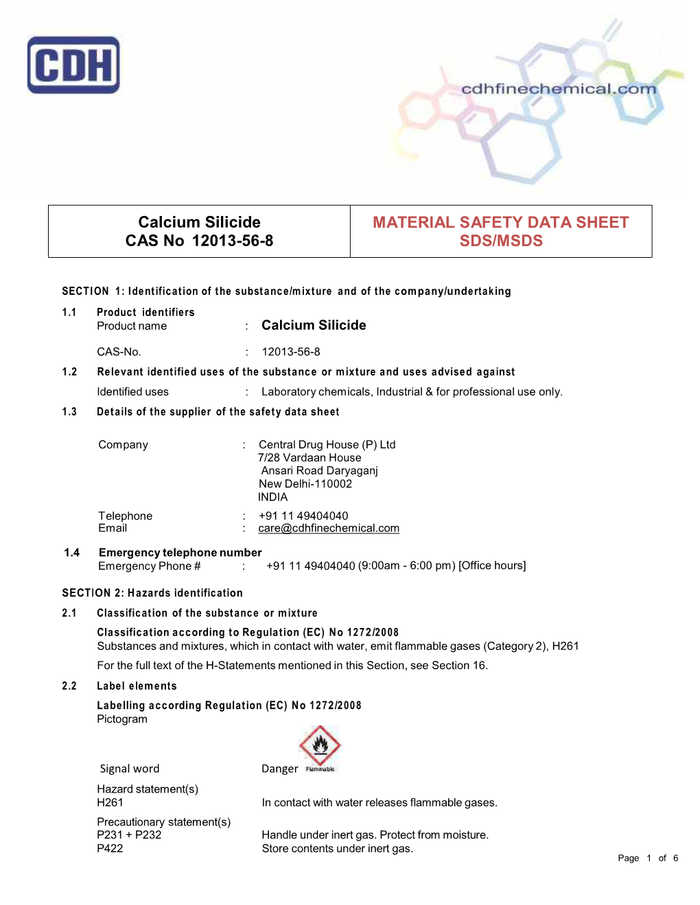 Calcium Silicide CAS No 12013-56-8 MATERIAL SAFETY DATA SHEET