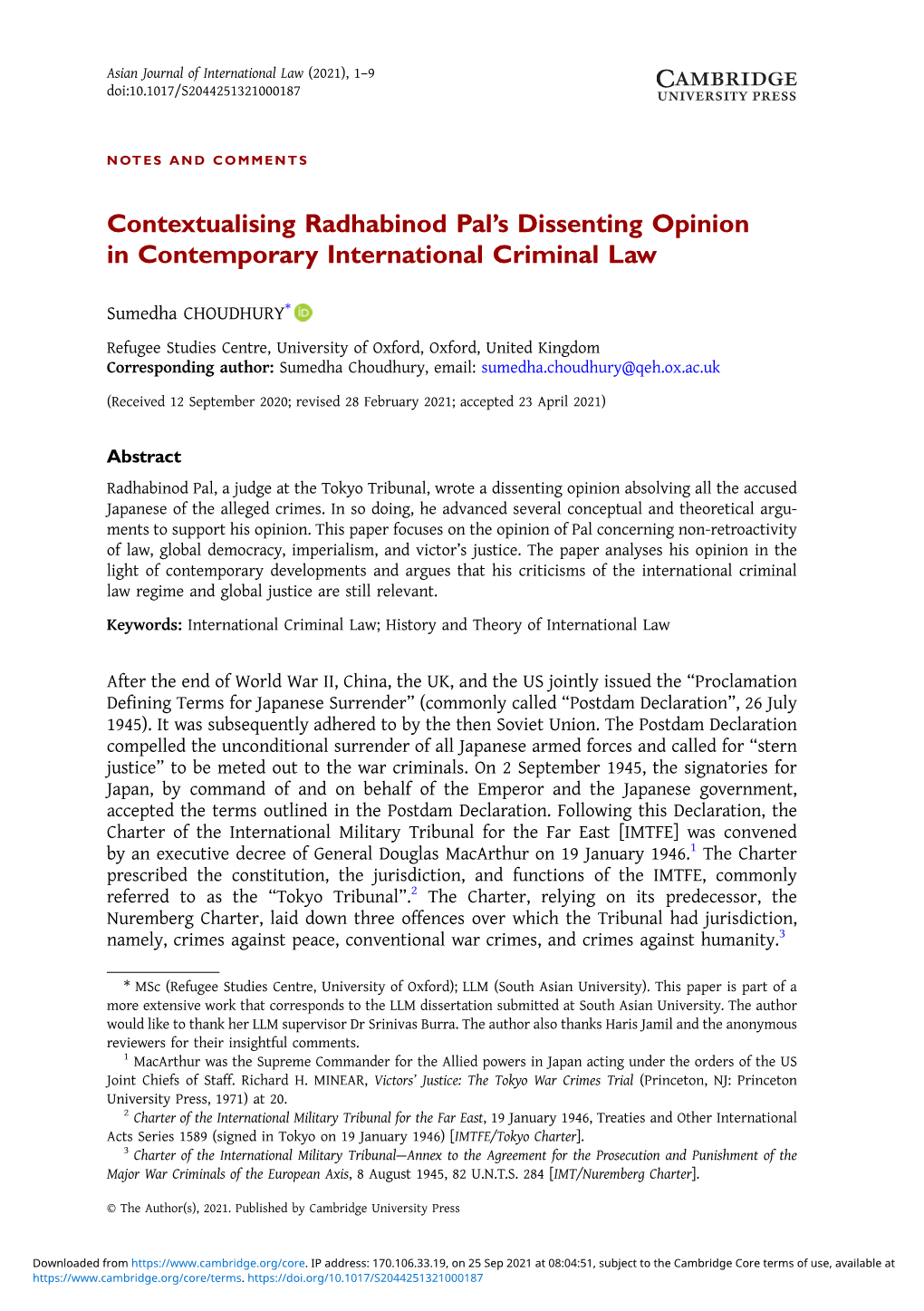 Contextualising Radhabinod Pal's Dissenting Opinion In