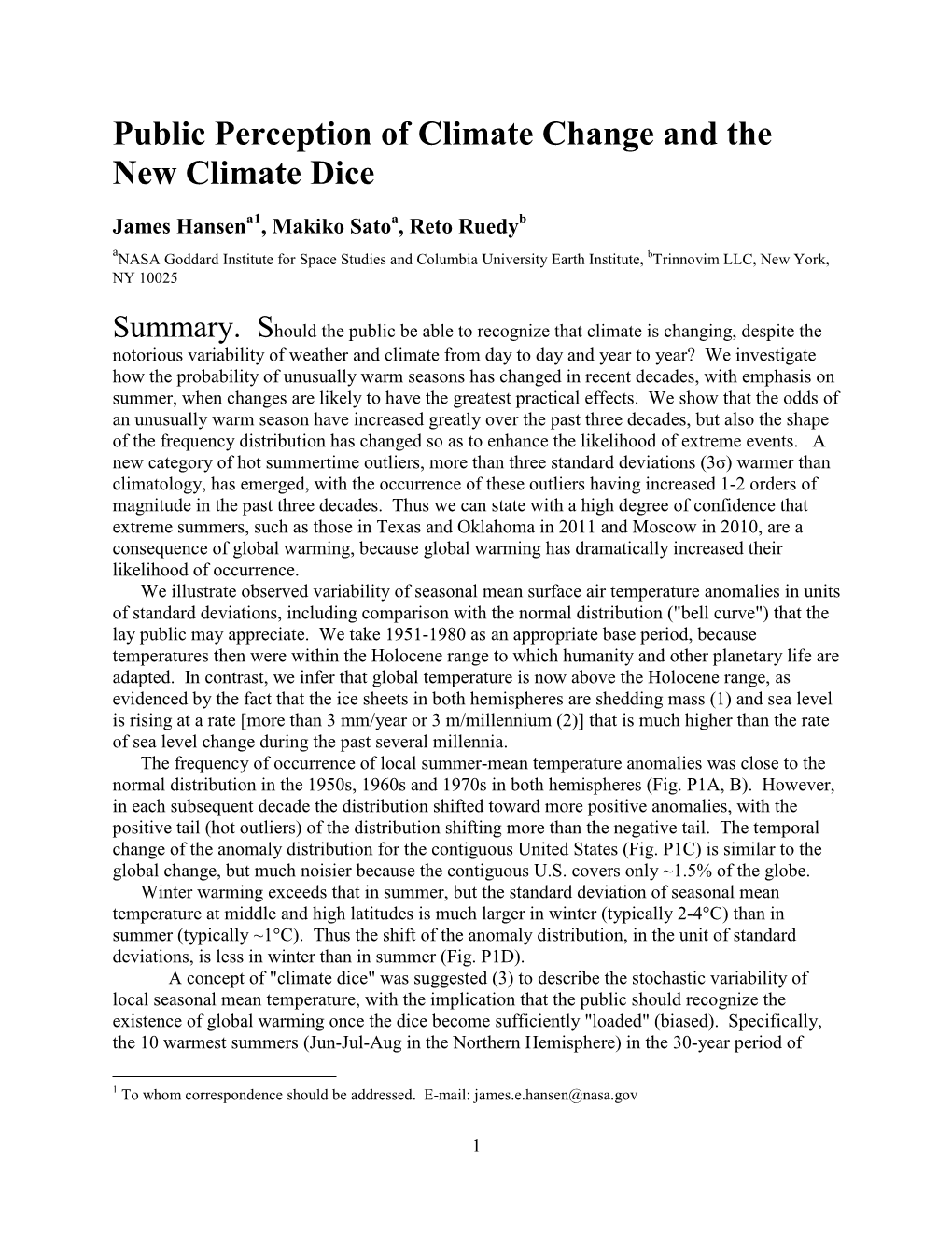 Public Perception of Climate Change and the New Climate Dice