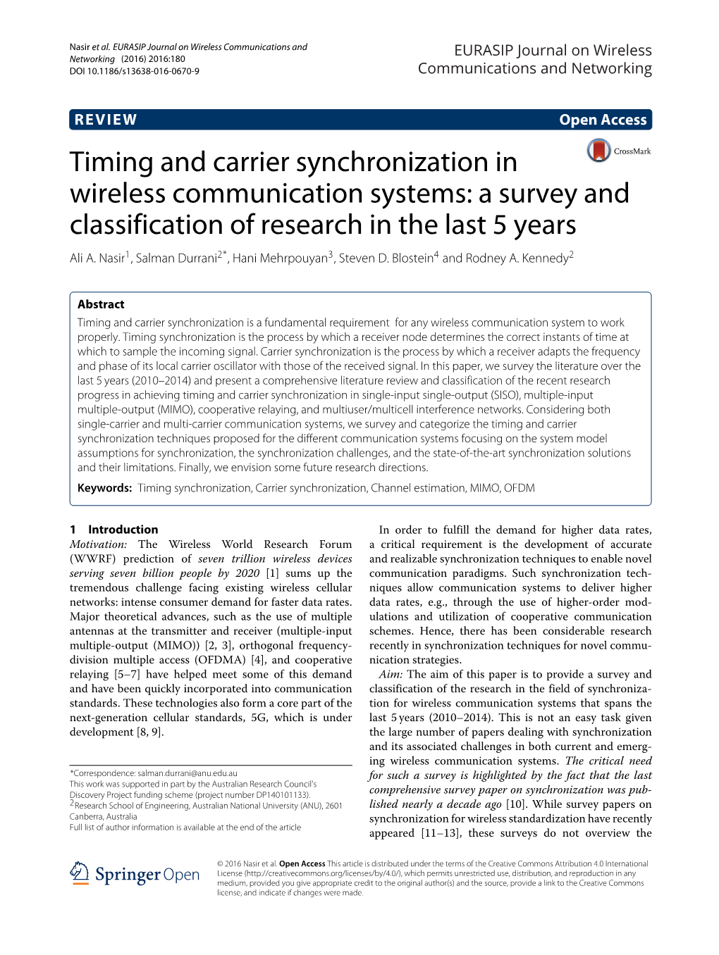 Timing and Carrier Synchronization in Wireless Communication Systems: a Survey and Classification of Research in the Last 5 Years Ali A