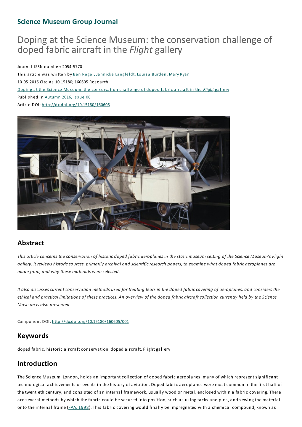 Doping at the Science Museum: the Conservation Challenge of Doped Fabric Aircraft in the Flight Gallery