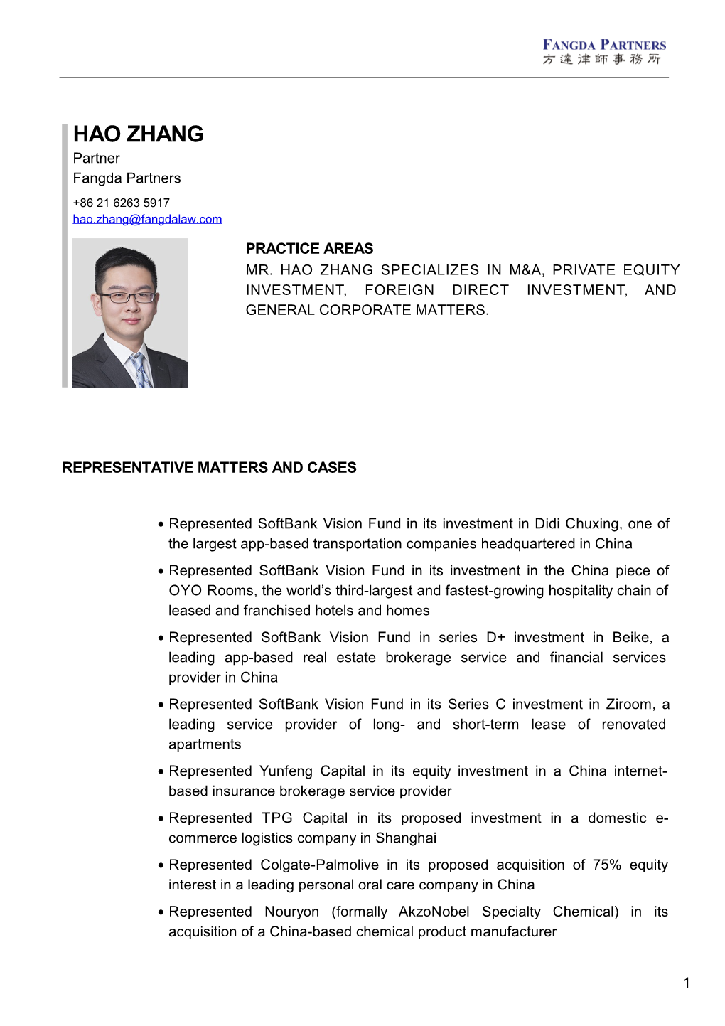 HAO ZHANG Partner Fangda Partners +86 21 6263 5917 Hao.Zhang@Fangdalaw.Com