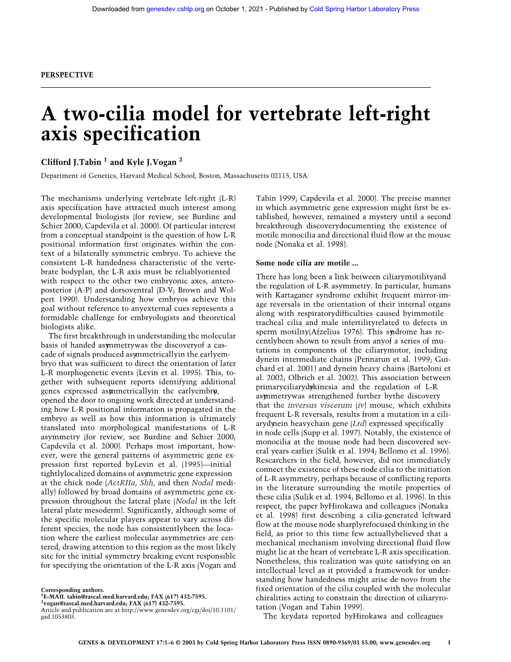 A Two-Cilia Model for Vertebrate Left-Right Axis Specification