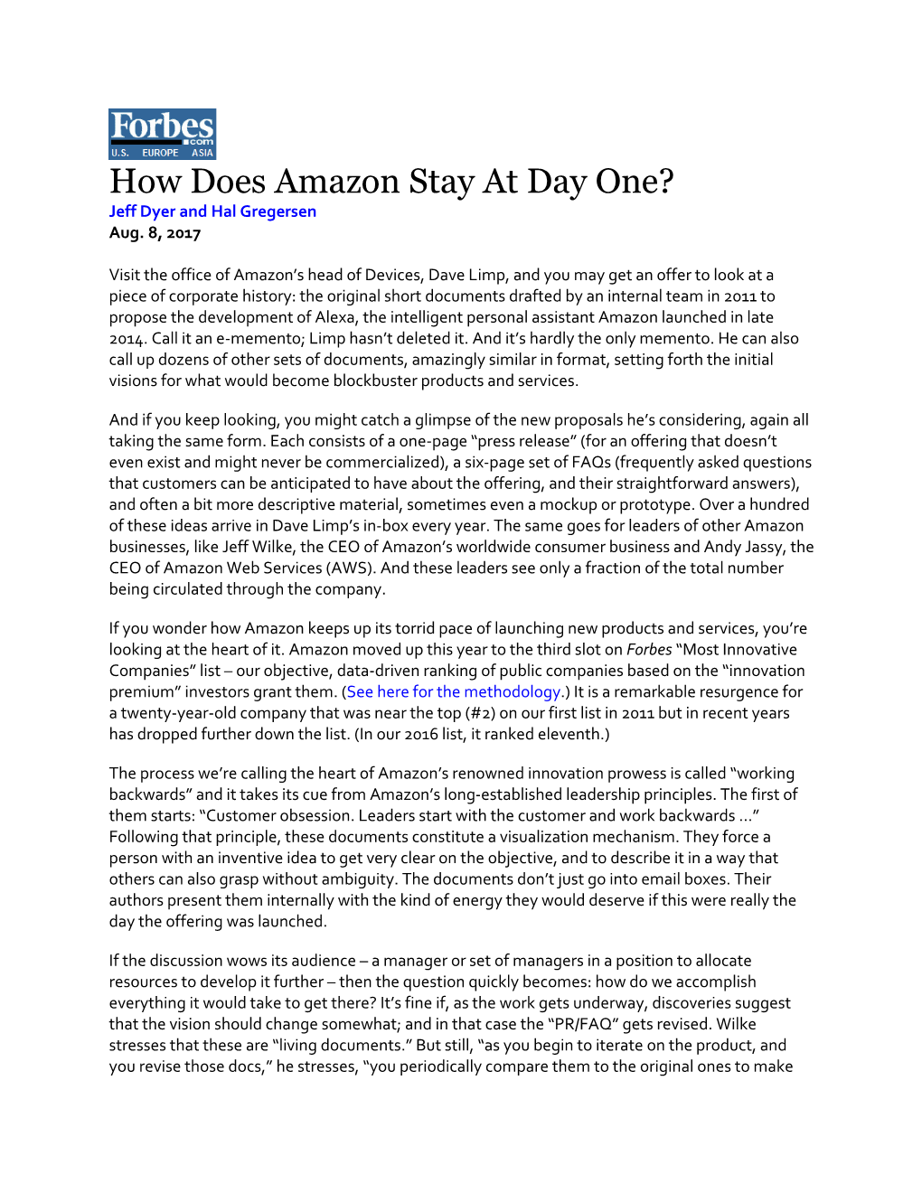How Does Amazon Stay at Day One? Jeff Dyer and Hal Gregersen Aug