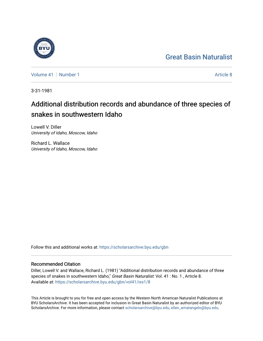 Additional Distribution Records and Abundance of Three Species of Snakes in Southwestern Idaho