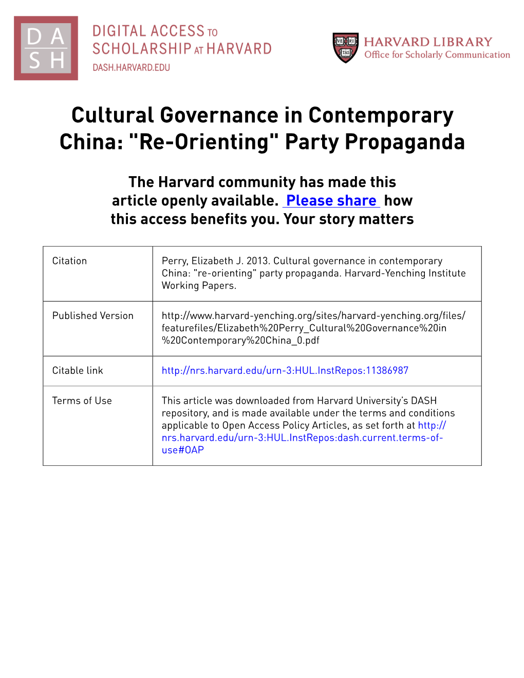 Cultural Governance in Contemporary China: "Re-Orienting" Party Propaganda