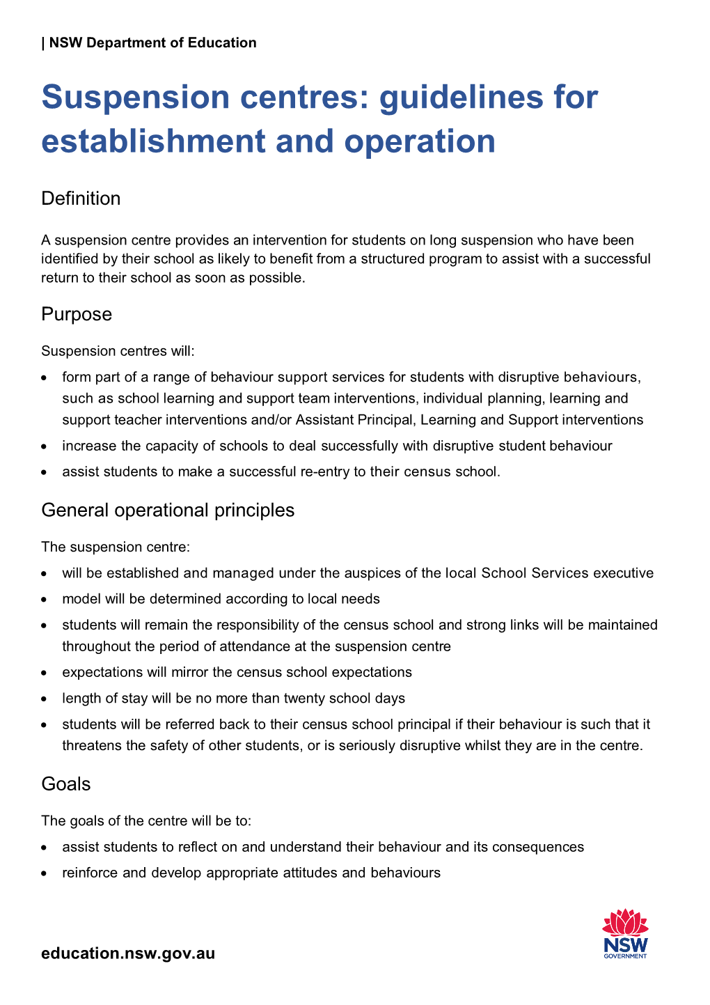 Suspension Centres: Guidelines for Establishment and Operation