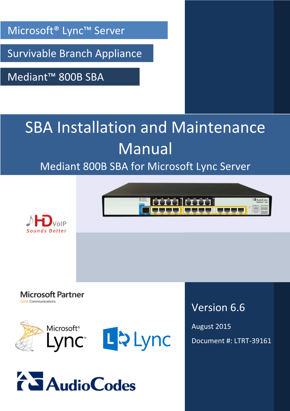 SBA Installation and Maintenance Manual Mediant 800B SBA for Microsoft Lync Server