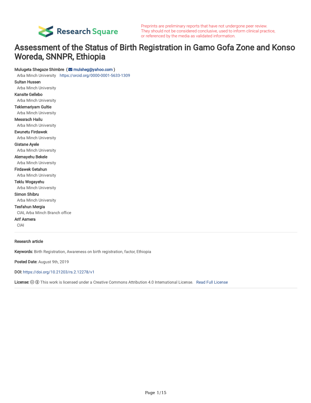 Assessment of the Status of Birth Registration in Gamo Gofa Zone and Konso Woreda, SNNPR, Ethiopia