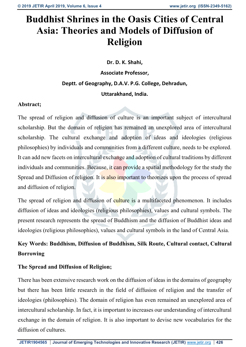 Buddhist Shrines in the Oasis Cities of Central Asia: Theories and Models of Diffusion of Religion