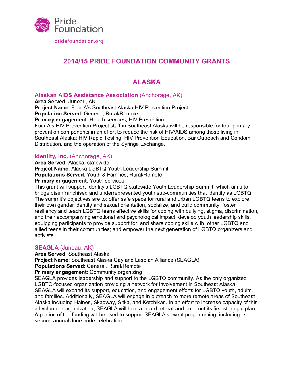 2014/15 Pride Foundation Community Grants Alaska