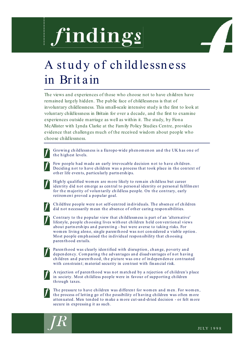 A Study of Childlessness in Britain (Summary)