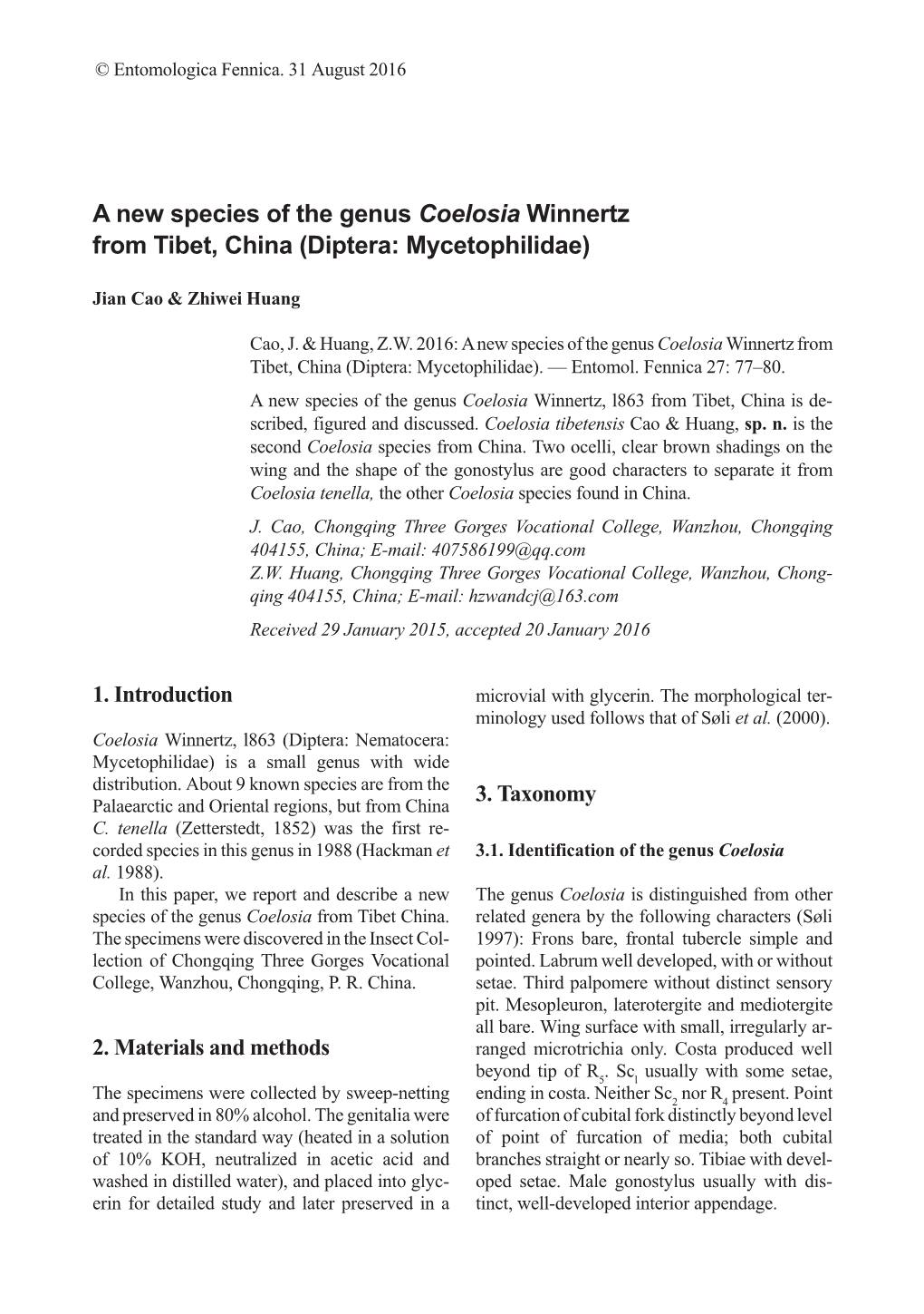 A New Species of the Genus Coelosia Winnertz from Tibet, China (Diptera: Mycetophilidae)