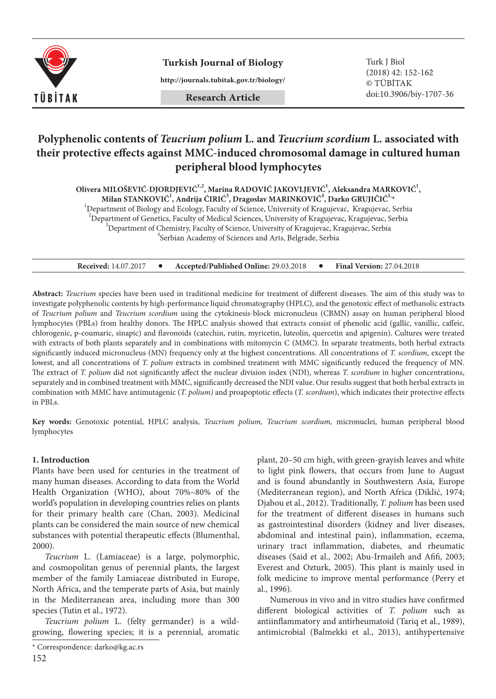 Polyphenolic Contents of Teucrium Polium L. and Teucrium Scordium L