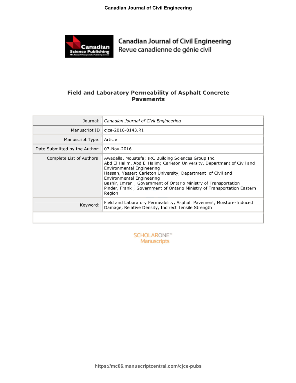 Field and Laboratory Permeability of Asphalt Concrete Pavements