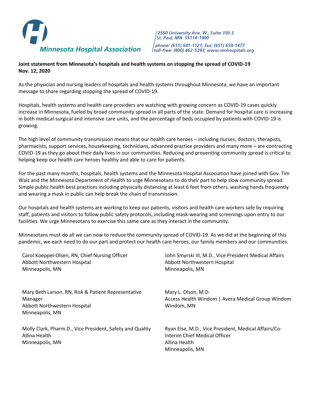 Joint Statement from Minnesota’S Hospitals and Health Systems on Stopping the Spread of COVID-19 Nov