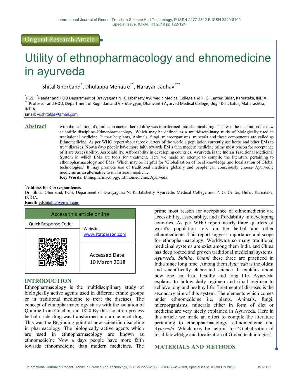 Utility of Ethnopharmacology and Ehnomedicine in Ayurveda