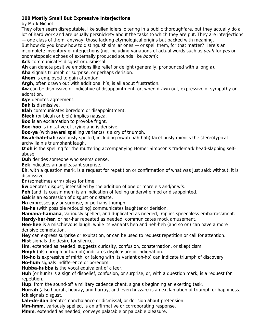 100 Mostly Small but Expressive Interjections