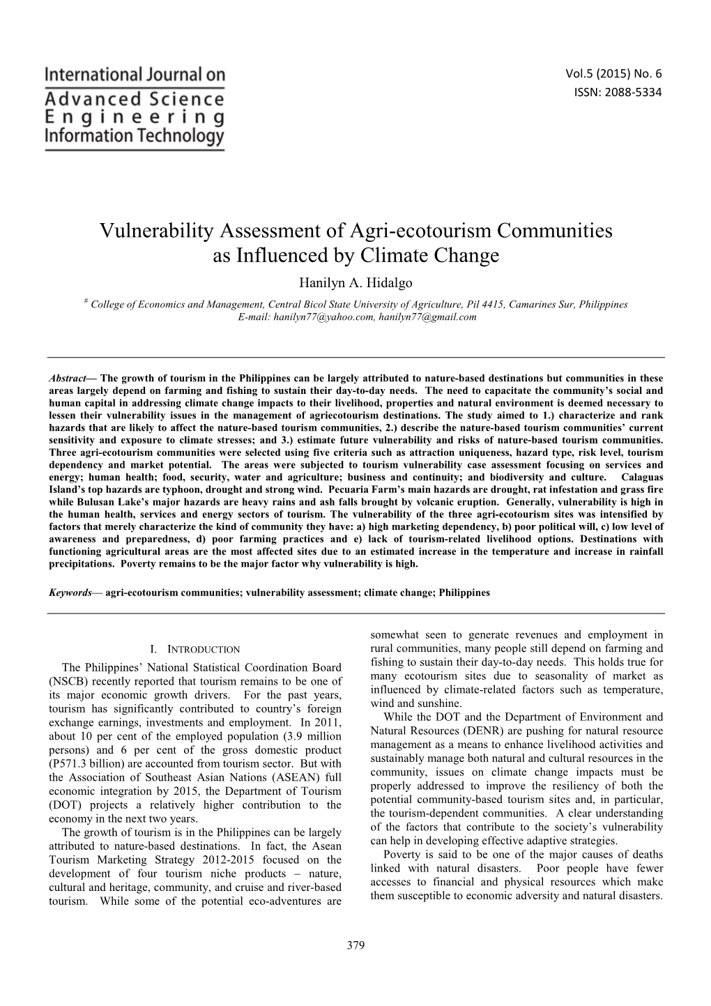 Vulnerability Assessment of Agri-Ecotourism Communities As Influenced by Climate Change Hanilyn A