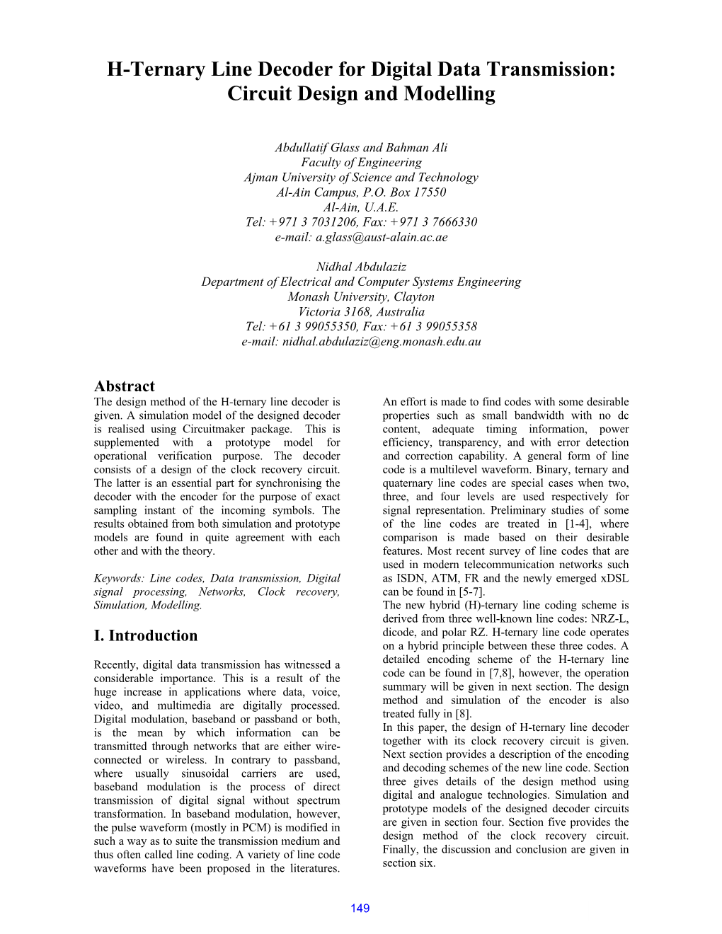 H-Ternary Line Decoder for Digital Data Transmission: Circuit Design and Modelling