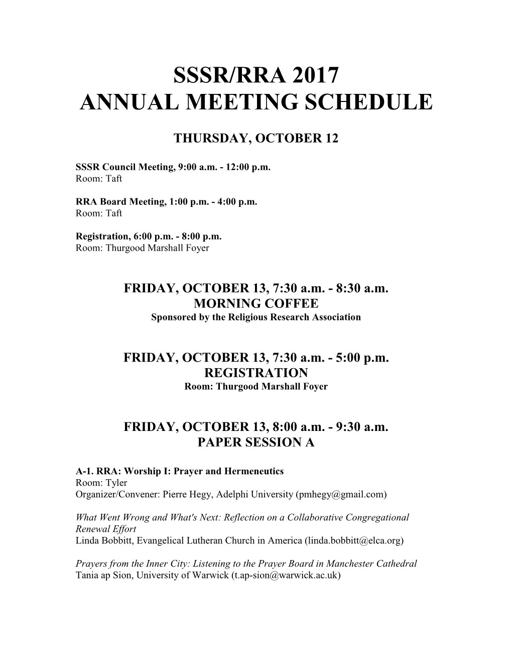 Sssr/Rra 2017 Annual Meeting Schedule