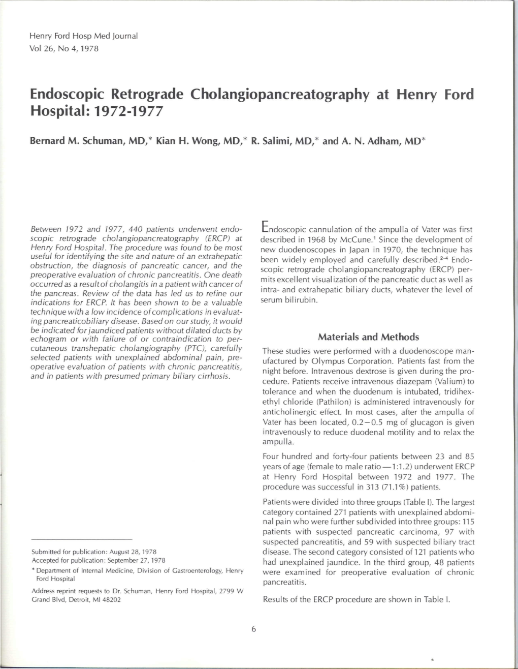 Endoscopic Retrograde Cholangiopancreatography at Henry Ford Hospital: 1972-1977