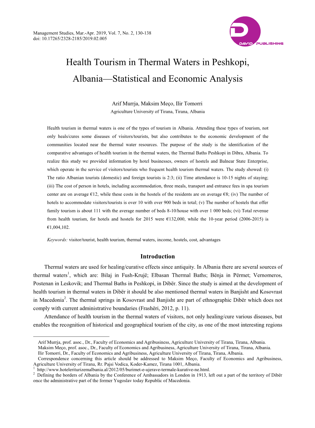 Health Tourism in Thermal Waters in Peshkopi, Albania—Statistical and Economic Analysis