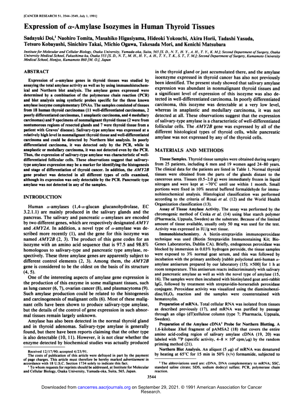 Expression of A-Amylase Isozymes in Human Thyroid Tissues