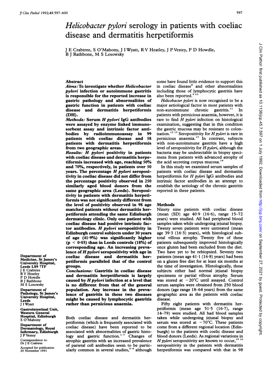Helicobacter Pylori Serology in Patients with Coeliac Disease and Dermatitis Herpetiformis J Clin Pathol: First Published As 10.1136/Jcp.45.7.597 on 1 July 1992
