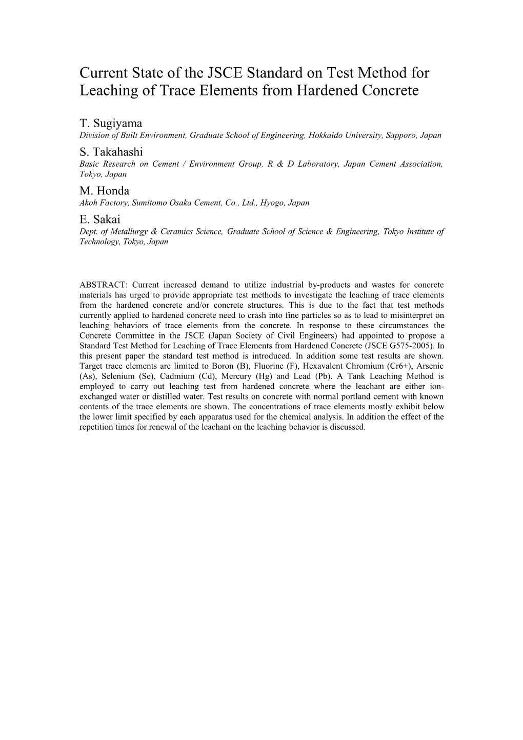 Current State of the JSCE Standard on Test Method for Leaching of Trace Elements from Hardened