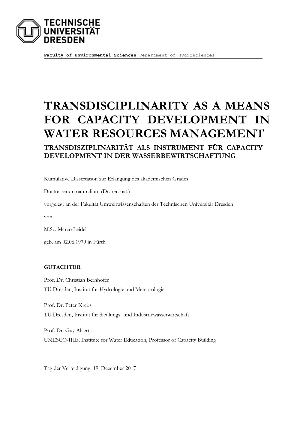 Transdisciplinarity As a Means for Capacity Development in Water Resources Management