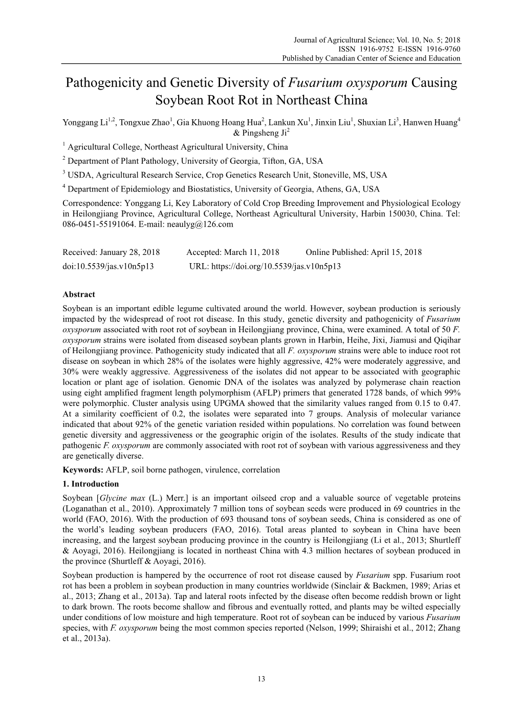 Pathogenicity and Genetic Diversity of Fusarium Oxysporum Causing Soybean Root Rot in Northeast China