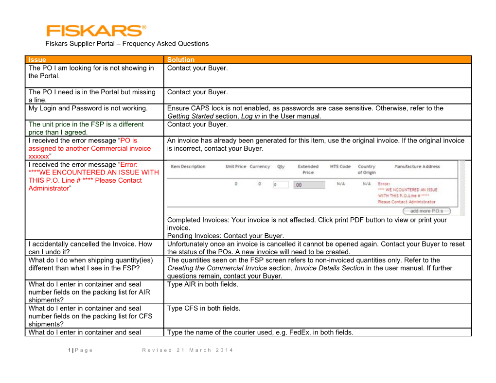 Fiskars Supplier Portal Frequency Asked Questions