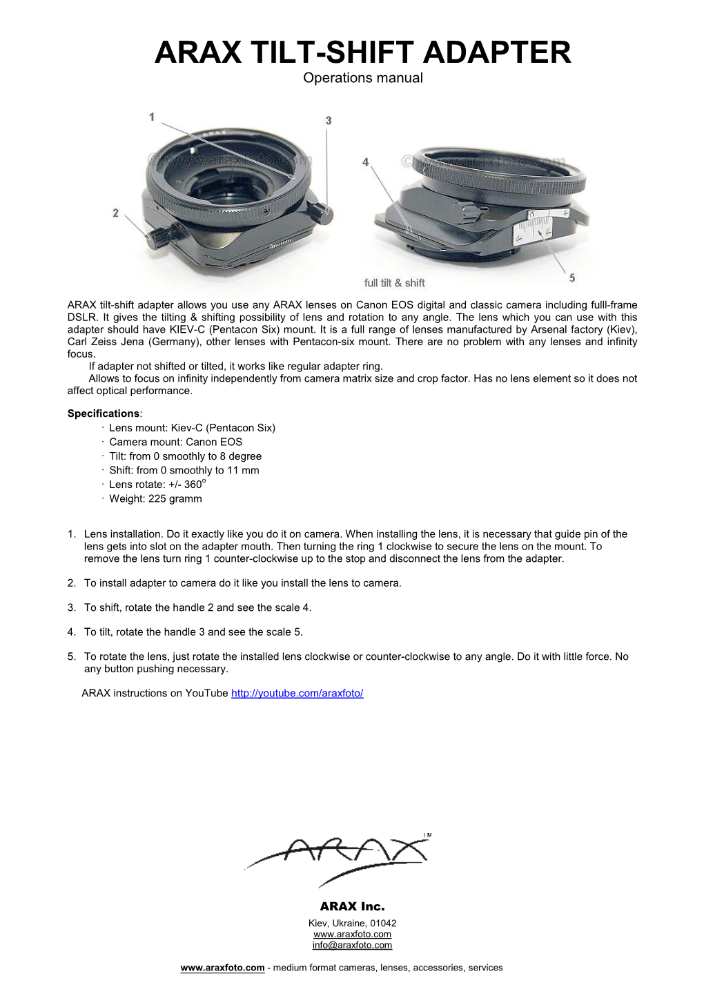 ARAX TILT-SHIFT ADAPTER Operations Manual