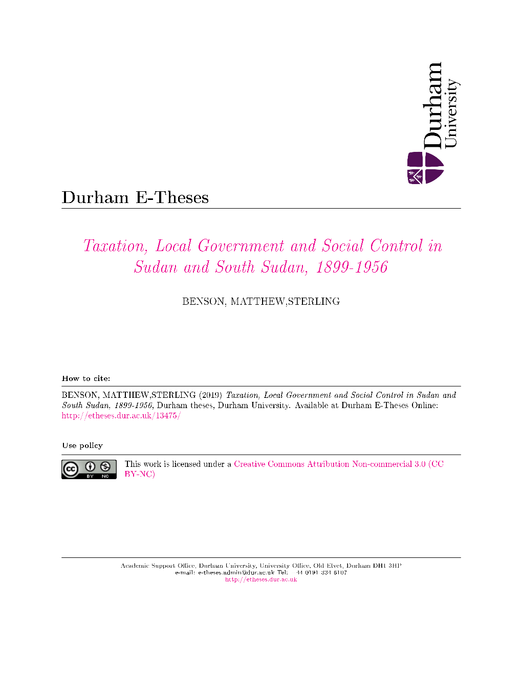 Taxation, Local Government and Social Control in Sudan and South Sudan, 1899-1956