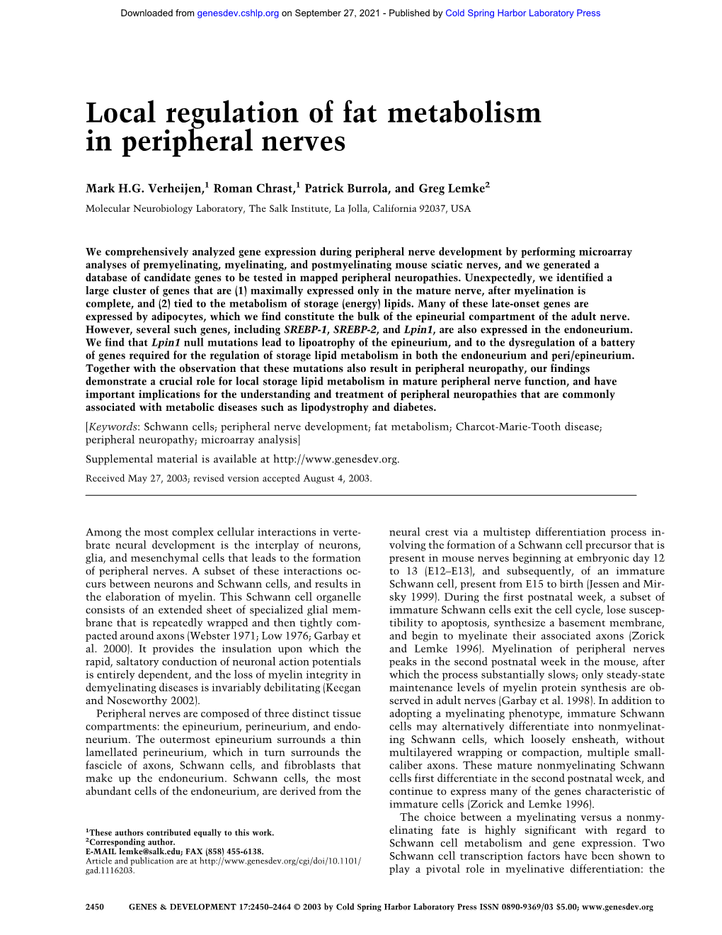 Local Regulation of Fat Metabolism in Peripheral Nerves