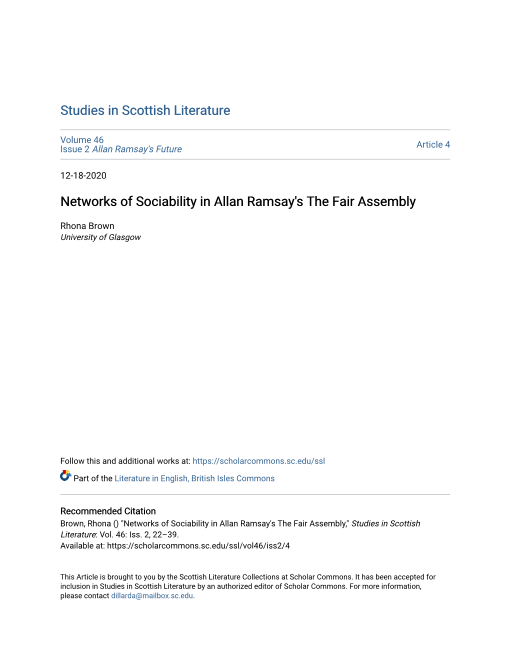 Networks of Sociability in Allan Ramsay's the Fair Assembly