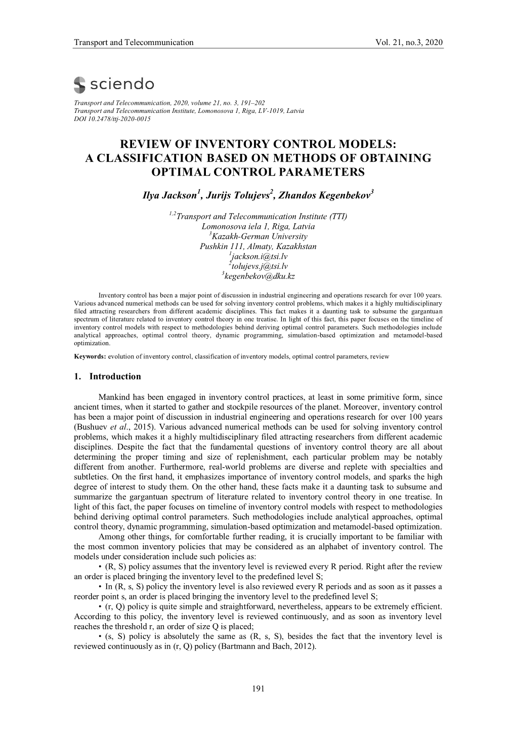 Review of Inventory Control Models: a Classification Based on Methods of Obtaining Optimal Control Parameters