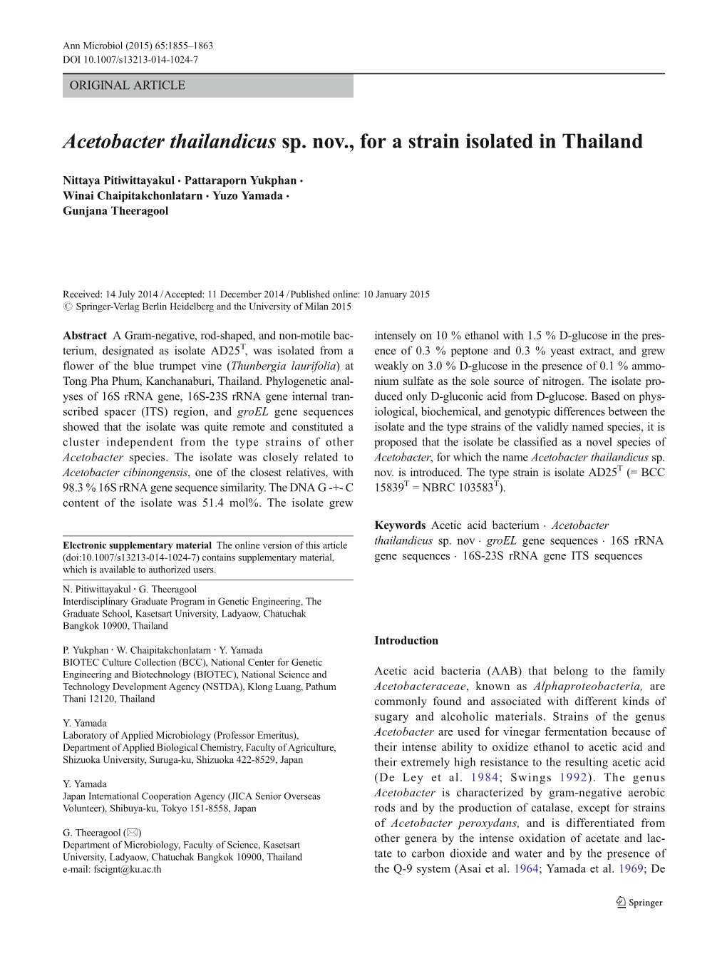 Acetobacter Thailandicus Sp. Nov., for a Strain Isolated in Thailand