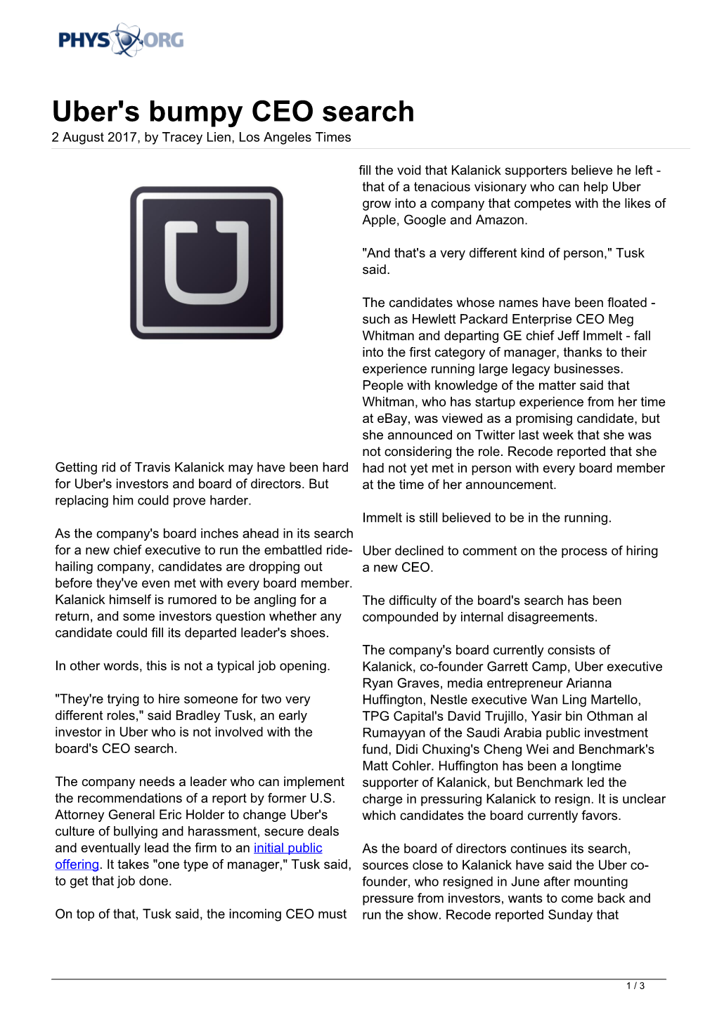 Uber's Bumpy CEO Search 2 August 2017, by Tracey Lien, Los Angeles Times