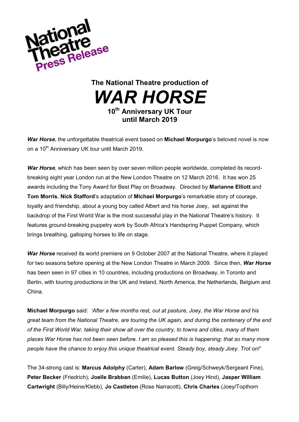 WAR HORSE 10Th Anniversary UK Tour Until March 2019