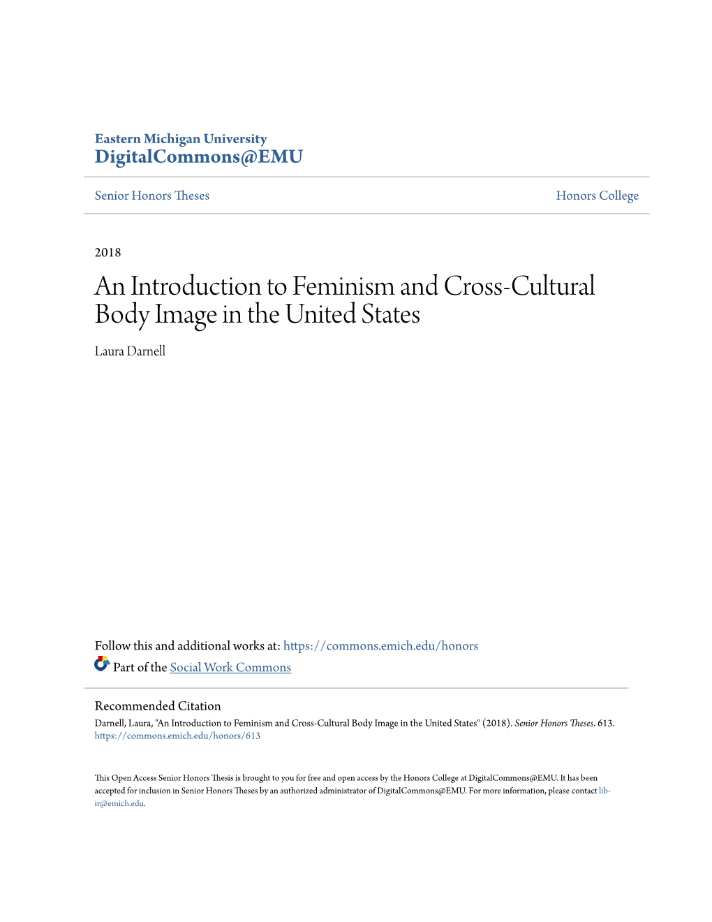 An Introduction to Feminism and Cross-Cultural Body Image in the United States Laura Darnell