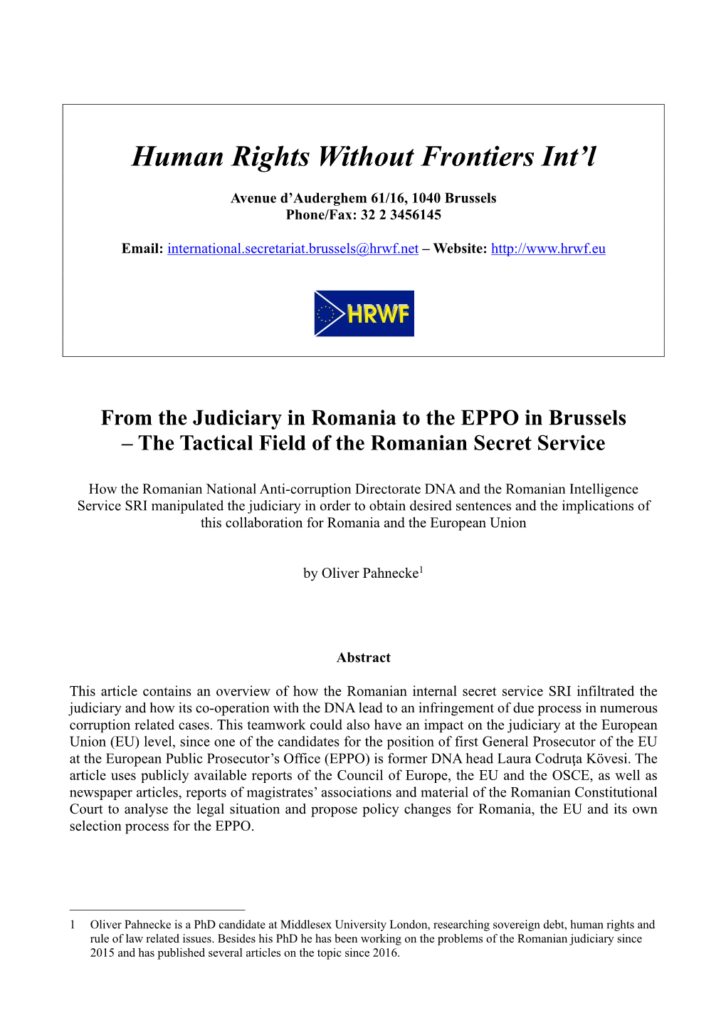 From the Judiciary in Romania to the EPPO in Brussels – the Tactical Field of the Romanian Secret Service