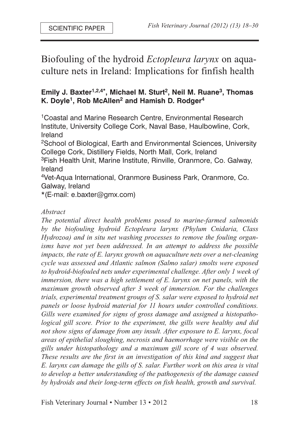 Biofouling of the Hydroid Ectopleura Larynx on Aqua- Culture Nets in Ireland: Implications for Finfish Health