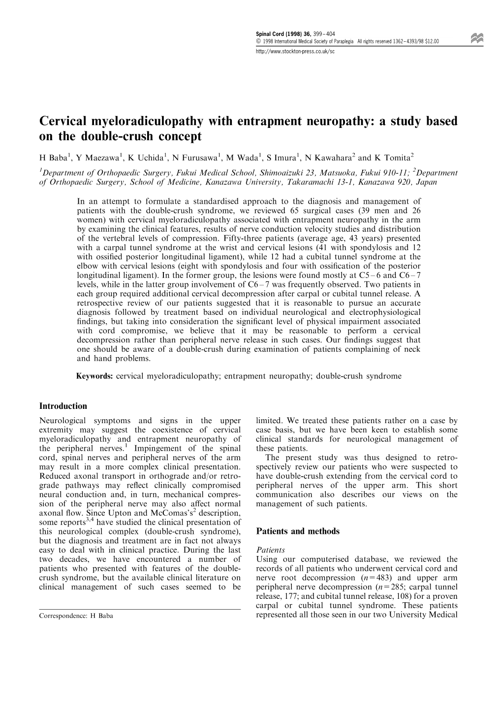 Cervical Myeloradiculopathy with Entrapment Neuropathy: a Study Based on the Double-Crush Concept