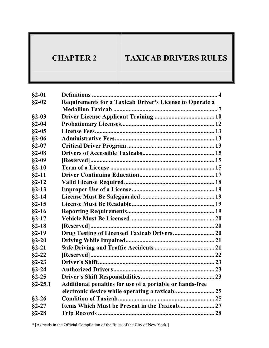 Chapter 2 Taxicab Drivers Rules